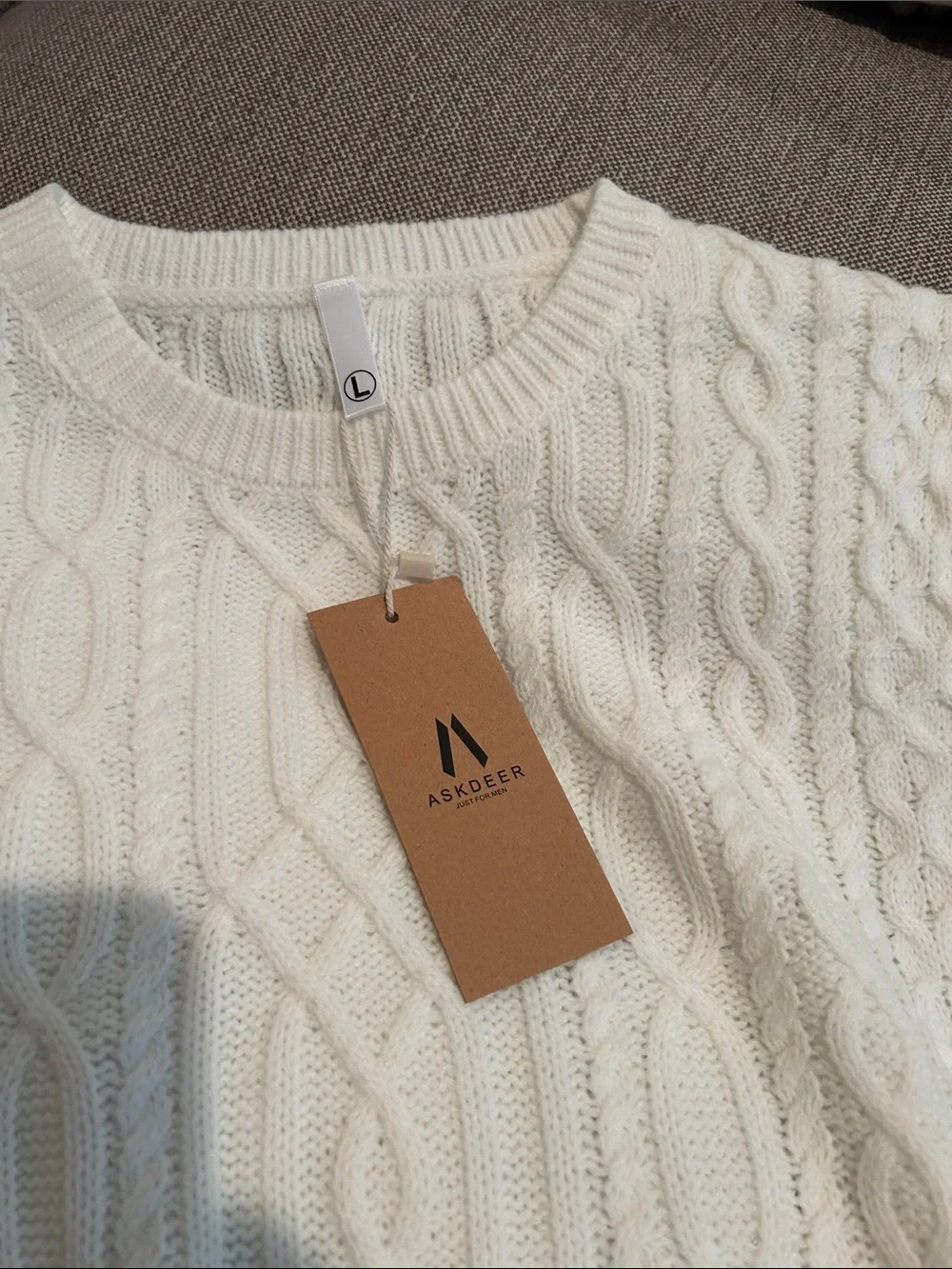 Mens Cable Crewneck Sweater in Cream by